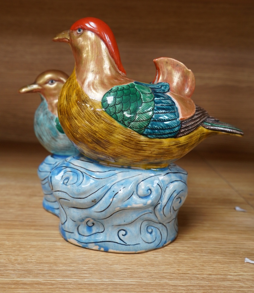 A Chinese Revolution Period porcelain bird figure group, 21.5cm high. Condition - fair to good.